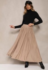 Beżowa Spódnica z Wiskozą o Plisowanym Kroju z Gumką w Pasie Tilisya. Brązowe spódniczki damskie Renee, bez wzorów, z bawełny, eleganckie, maxi, plisowane. Za 119.99 zł.