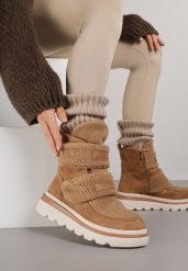 Brązowe Botki Śniegowce na Grubej Podeszwie Ozdobione Szerokimi Rzepami Amerria. Brązowe śniegowce damskie Born2be, z jeansu. Za 149.99 zł.