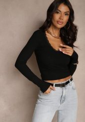 Czarna Bluzka z Wiskozą Ozdobiona Koronką z Prążkowanego Materiału Vilfia. Czarne bluzki damskie Renee, m, bez wzorów, z jeansu, eleganckie, bez kołnierzyka, bez ramiączek. Za 49.99 zł.