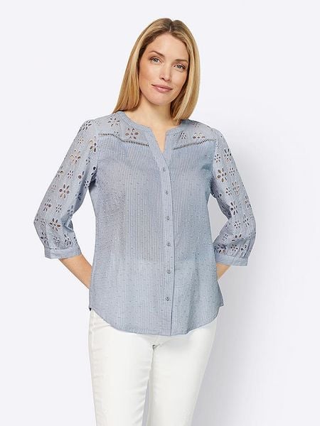 Heine Bluzka w kolorze błękitnym rozmiar: 44. Niebieskie bluzki damskie Heine, bez wzorów, z bawełny, bez kołnierzyka, bez ramiączek. Za 130.50 zł.