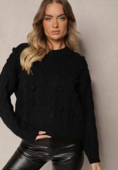 Czarny Sweter z Wełną i Wiskozą Ozdobiony Tłoczeniem i Kulkami Vaiannae. Czarne swetry klasyczne damskie Renee, na zimę, m, z wełny, bez kołnierzyka. Za 84.99 zł.