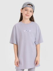 4F T-shirt oversize z nadrukiem dziewczęcy - szary 140 (9-10 lat). Szare koszulki dziewczęce 4f, bez wzorów, z bawełny, bez ramiączek. W wyprzedaży za 29.99 zł.