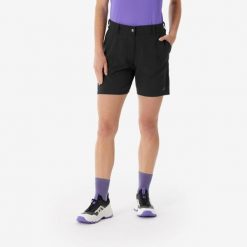 Spodenki turystyczne damskie Quechua MH100. Czarne szorty damskie QUECHUA, bez wzorów, z materiału, sportowe. Za 39.99 zł.