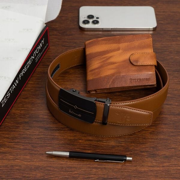 Zestaw prezentowy męski skórzany pasek portfel pudełko premium Beltimore Z52. Brązowe paski męskie bez wzorów. Za 100.99 zł.