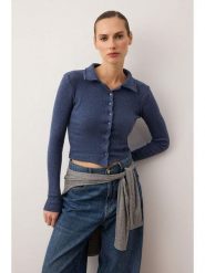 Trendyol Bluzka w kolorze granatowym rozmiar: XS. Niebieskie bluzki damskie Trendyol, xs, bez wzorów, bez kołnierzyka, bez ramiączek. Za 52.99 zł.