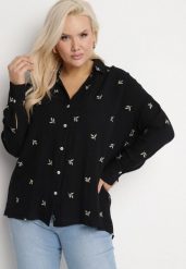 Czarna Koszula Bawełniana w Hafty Liście Tleffia. Czarne koszule damskie Born2be, xl, bez wzorów, z bawełny, eleganckie, bez kołnierzyka, bez ramiączek. Za 54.99 zł.