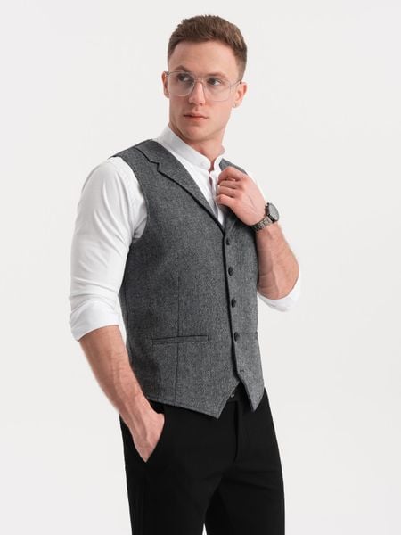 Kamizelka męska garniturowa z kołnierzem - grafitowa V1 - Rozmiar: M. Szare kamizelki męskie Ombre Clothing, m, z poliesteru. W wyprzedaży za 169.99 zł.