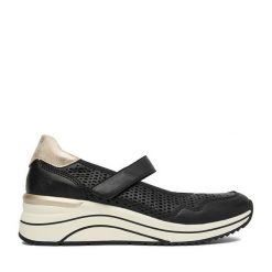 Półbuty Remonte. Czarne półbuty damskie Remonte, bez wzorów, bez obcasa, na koturnie. Za 379.99 zł.