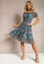 Zielono-Czarna Elastyczna Sukienka Boho z Hiszpańskim Dekoltem z Bawełny Solphina. Zielone sukienki damskie Renee, m, bez wzorów, z bawełny, boho, bez kołnierzyka, bez ramiączek. Za 49.99 zł.