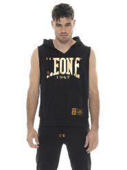 Męska bluza bez rękawów z kapturem i dużym złotym logo Leone 1947. Czarne bluzy z kapturem męskie LEONE 1947 APPAREL, m, z dżerseju. Za 235.76 zł.