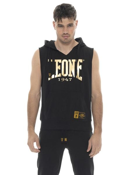 Męska bluza bez rękawów z kapturem i dużym złotym logo Leone 1947. Czarne bluzy z kapturem męskie LEONE 1947 APPAREL, m, z dżerseju. Za 235.76 zł.