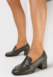 Zielone Półbuty na Słupku z Kwadratowym Noskiem i Ozdobnym Paskiem Smotere. Zielone półbuty damskie Born2be, bez wzorów, eleganckie, bez obcasa, na słupku. Za 84.99 zł.