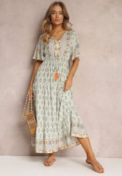 Miętowa Sukienka Maxi z Krótkim Rękawem i Gumką w Talii Emaya. Zielone sukienki damskie Renee, m, bez wzorów, z tkaniny, boho, bez kołnierzyka, bez ramiączek, maxi. W wyprzedaży za 76.99 zł.