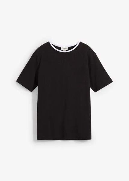 T-shirt z kontrastowym elementem. Czarne t-shirty damskie bonprix, bez wzorów, bez kołnierzyka. Za 24.99 zł.