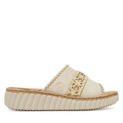 Klapki Rieker. Brązowe klapki damskie Rieker, bez wzorów, bez obcasa. Za 299.99 zł.