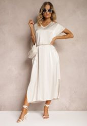 Jasnobeżowa Casualowa Sukienka z Wiskozy Oversize o Pudełkowym Kroju Morarose. Brązowe sukienki damskie Renee, na lato, bez wzorów, z materiału, bez kołnierzyka, bez ramiączek, midi, oversize. W wyprzedaży za 118.99 zł.