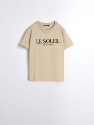 Koszulka z napisem - beżowy. Brązowe t-shirty damskie Sinsay, l, bez wzorów, bez kołnierzyka. W wyprzedaży za 12.99 zł.