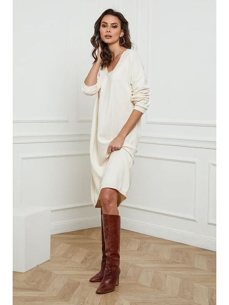 So Cachemire Sukienka dzianinowa "Palerme" w kolorze kremowym rozmiar: M. Brązowe sukienki damskie So Cachemire, m, bez wzorów, z dzianiny, bez kołnierzyka, bez ramiączek, midi. Za 187.99 zł.