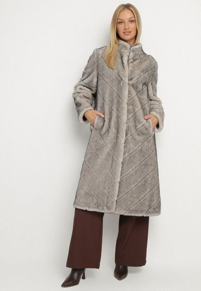 Beżowy Długi Płaszcz Futerko z Ozdobnymi Przeszyciami i Stójką Zenima. Brązowe płaszcze damskie Born2be, l, bez wzorów, z dzianiny, eleganckie. Za 379.99 zł.