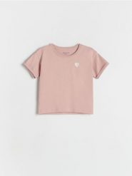 T-shirt z haftem - pastelowy róż. Czerwone koszulki dziewczęce Reserved, m, bez wzorów, z bawełny, bez ramiączek. W wyprzedaży za 17.99 zł.
