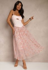 Różowa Rozkloszowana Spódnica Tiulowa Zdobiona Welurowym Printem w Kwiaty Folisena. Czerwone spódniczki damskie Renee, l, z aplikacjami, z materiału, eleganckie, midi, oversize. Za 59.99 zł.