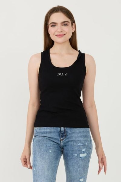 KARL LAGERFELD Czarny damski top Logo Rib Tank, Rozmiar S. Czarne topy damskie Karl Lagerfeld, s, bez wzorów, bez kołnierzyka. W wyprzedaży za 234.99 zł.