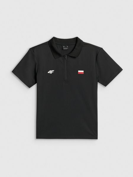 4F Koszulka kibica polo damska - czarna L. Czarne bluzki damskie 4f, l, bez wzorów, z materiału, bez kołnierzyka, bez ramiączek. Za 99.99 zł.