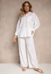 Biały Komplet z Lnem Koszula i Spodnie o Szerokim Kroju Renavine. Białe koszule damskie Renee, bez wzorów, z materiału, eleganckie. Za 149.99 zł.
