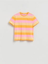 Bawełniany t-shirt w paski - jasnożółty. Żółte t-shirty damskie Reserved, l, bez wzorów, z bawełny, bez kołnierzyka. Za 39.99 zł.