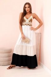 Sukienka damska boho maxi na ramiączkach z ażurową górą beżowy + czarny. Brązowe sukienki damskie Kesi Włoski, na plażę, na lato, l, w ażurowe wzory, z bawełny, boho, bez kołnierzyka, bez ramiączek, maxi, rozkloszowane. Za 217.48 zł.