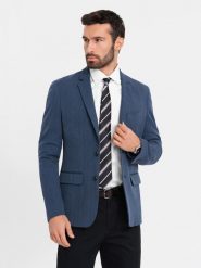 Elegancka marynarka męska SLIM FIT z rayonem – ciemnoniebieska V3 OM-BLZB-0135 - XXL. Niebieskie marynarki męskie Ombre Clothing, bez wzorów, z materiału. Za 359.99 zł.