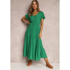Zielona Sukienka z Wiskozy Jonmy. Zielone sukienki damskie Renee, na spotkanie biznesowe, na lato, l, z aplikacjami, z wiskozy, eleganckie, bez kołnierzyka, bez ramiączek, midi. W wyprzedaży za 55.99 zł.