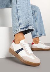 Biało-Granatowe Sneakersy Tenisówki z Geometrycznym Wzorem Hanivra. Białe trampki i tenisówki damskie Renee, bez wzorów, z jeansu. Za 74.99 zł.