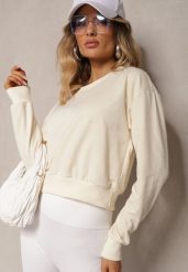 Jasnobeżowa Bluza z Bawełną ze Ściągaczami przy Rękawach i w Pasie Alberia. Brązowe bluzy bez kaptura damskie Renee, l, z bawełny. Za 24.99 zł.