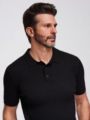 Męska koszulka polo z wiskozą SLIM FIT w pionowy prążek – czarna V1 - Rozmiar: XXL. Czarne koszulki polo męskie Ombre Clothing, m, bez wzorów, z dzianiny, bez ramiączek. W wyprzedaży za 99.99 zł.