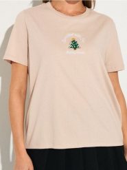 Bawełniana koszulka z motywem świątecznym - beżowy. Brązowe t-shirty damskie Sinsay, l, bez wzorów, z bawełny, bez kołnierzyka. Za 19.99 zł.