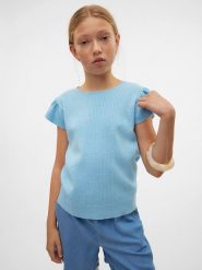 Vero Moda Girl Koszulka "Zanzibar" w kolorze błękitnym rozmiar: 122/128. Niebieskie koszulki dziewczęce Vero Moda Girl, s, bez wzorów, prążkowane, bez ramiączek. Za 70.24 zł.
