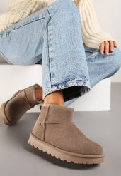 Ciemnobeżowe Casualowe Ocieplane Śniegowce na Płaskiej Podeszwie Emelunetta. Brązowe śniegowce damskie Renee, z dzianiny. Za 74.99 zł.