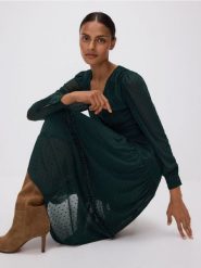 Sukienka maxi w grochy - morski. Zielone sukienki damskie Reserved, l, bez wzorów, z dzianiny, bez kołnierzyka, bez ramiączek, maxi, rozkloszowane. Za 139.99 zł.