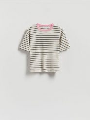 T-shirt w paski - granatowy. Niebieskie t-shirty damskie Reserved, l, bez wzorów, z bawełny, bez kołnierzyka. Za 59.99 zł.
