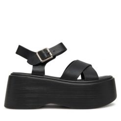 Sandały DeeZee. Czarne sandały damskie DeeZee, bez wzorów, bez obcasa, na koturnie. Za 139.99 zł.