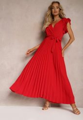 Czerwona Kopertowa Sukienka z Gumką w Pasie i Materiałowym Paskiem Ozdobiona Falbankami Tiamatalia. Czerwone sukienki damskie Renee, na imprezę, m, bez wzorów, z materiału, eleganckie, bez kołnierzyka, bez ramiączek, maxi, kopertowe. W wyprzedaży za 135.99 zł.