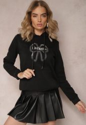 Czarna Bluza Wykończona Polarem z Nadrukiem i Kapturem Nimba. Czarne bluzy z kapturem damskie Renee, l, z bawełny. Za 79.99 zł.