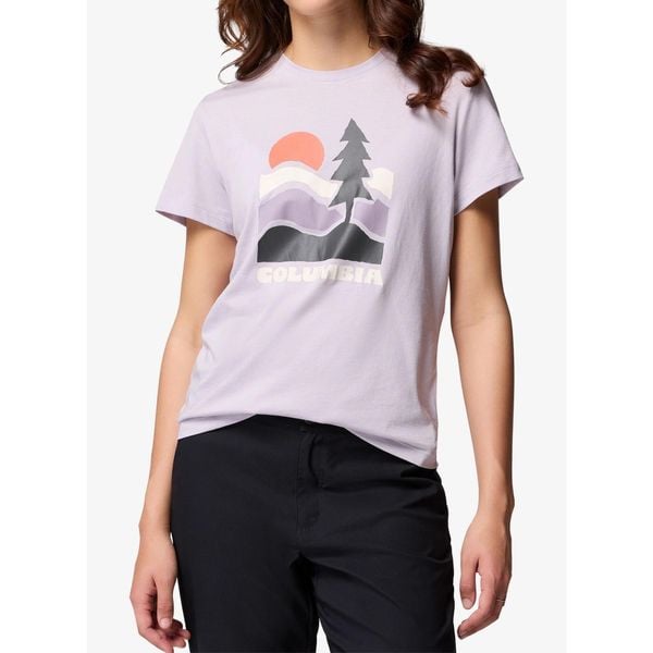 Koszulka damska Columbia Ruby Springs Graphic Fitted S/S. Fioletowe bluzki sportowe damskie Columbia, s, bez kołnierzyka, bez ramiączek. Za 88.19 zł.