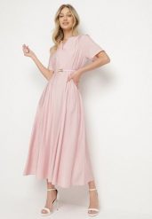 Różowa Wiskozowa Sukienka z Lnem o Rozkloszowanym Kroju z Paskiem z Klamerką Linalin. Czerwone sukienki damskie Born2be, na co dzień, l, bez wzorów, z wiskozy, eleganckie, bez kołnierzyka, bez ramiączek, maxi, rozkloszowane. Za 149.99 zł.