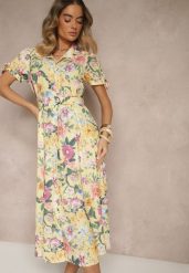 Żółta Koszulowa Sukienka w Kwiaty o Rozkloszowanym Fasonie z Paskiem Fevalirra. Żółte sukienki damskie Renee, na spotkanie biznesowe, na lato, m, bez wzorów, eleganckie, bez kołnierzyka, bez ramiączek, maxi, kopertowe. W wyprzedaży za 97.99 zł.