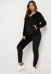 Czarny 2-Częściowy Welurowy Komplet Dresowy ze Spodniami i Bluzą z Kapturem Bondia. Czarne bluzy z kapturem damskie Born2be, xl, z dresówki. Za 74.99 zł.