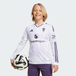 Koszulka Manchester United 25/26 Long Sleeve Away Jersey. Białe bluzki damskie Adidas, bez wzorów, z jersey, sportowe, bez kołnierzyka, bez ramiączek. Za 369.00 zł.
