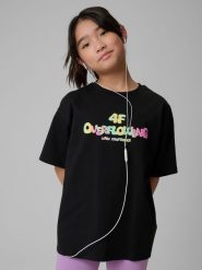 4F T-shirt loose z nadrukiem dziewczęcy - czarny 122/128 (6-8 lat). Czarne koszulki dziewczęce 4f, bez wzorów, z bawełny, bez ramiączek. Za 59.99 zł.