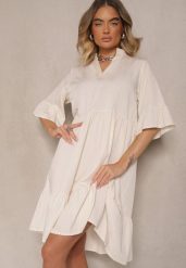 Beżowa Rozkloszowana Sukienka z Wiskozą i Falbanami Eviranna. Brązowe sukienki damskie Renee, na co dzień, na lato, bez wzorów, z wiskozy, eleganckie, bez kołnierzyka, bez ramiączek, midi, rozkloszowane. W wyprzedaży za 62.99 zł.
